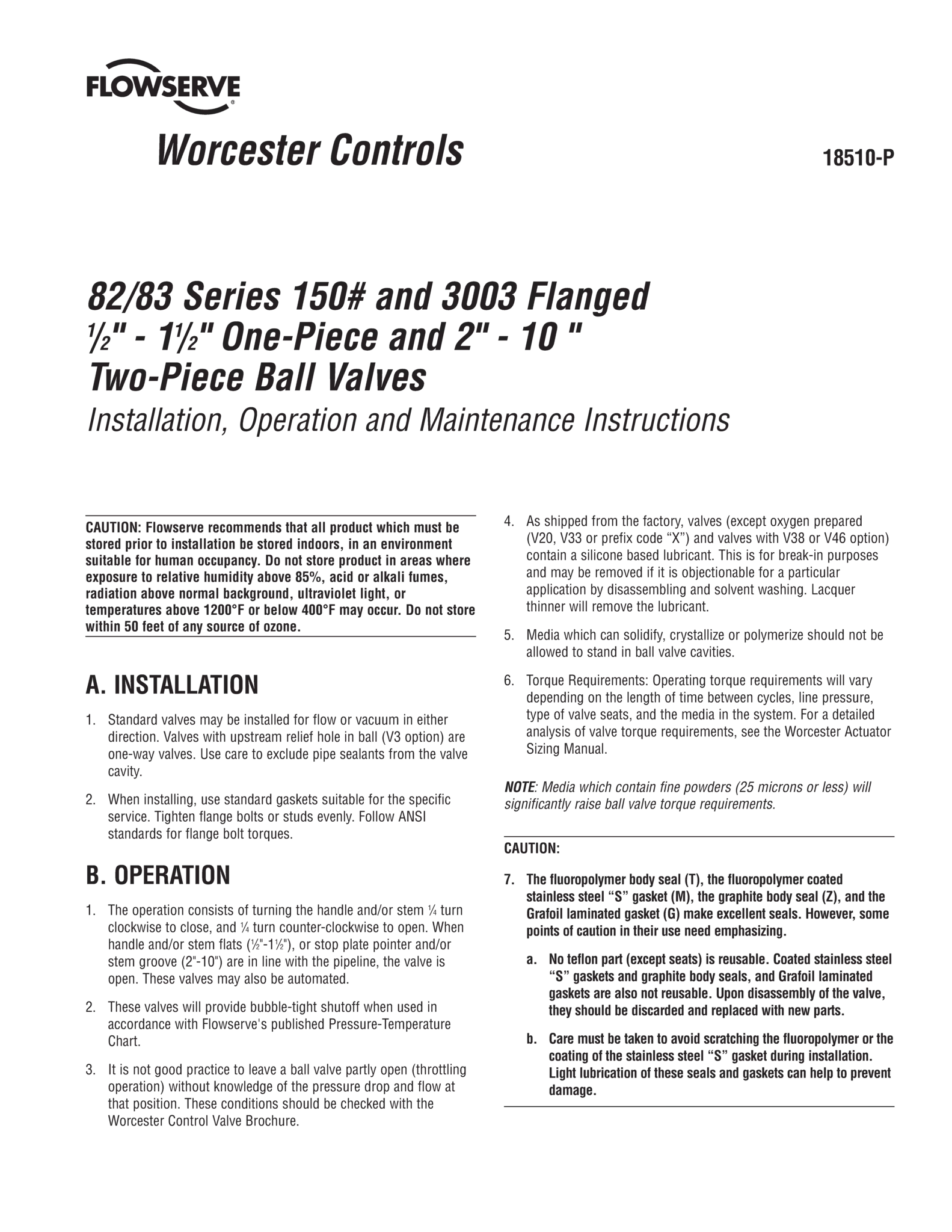 Worcester Controls 82/83系列法兰一件式和两件式球阀使用说明（IOM）（美洲）