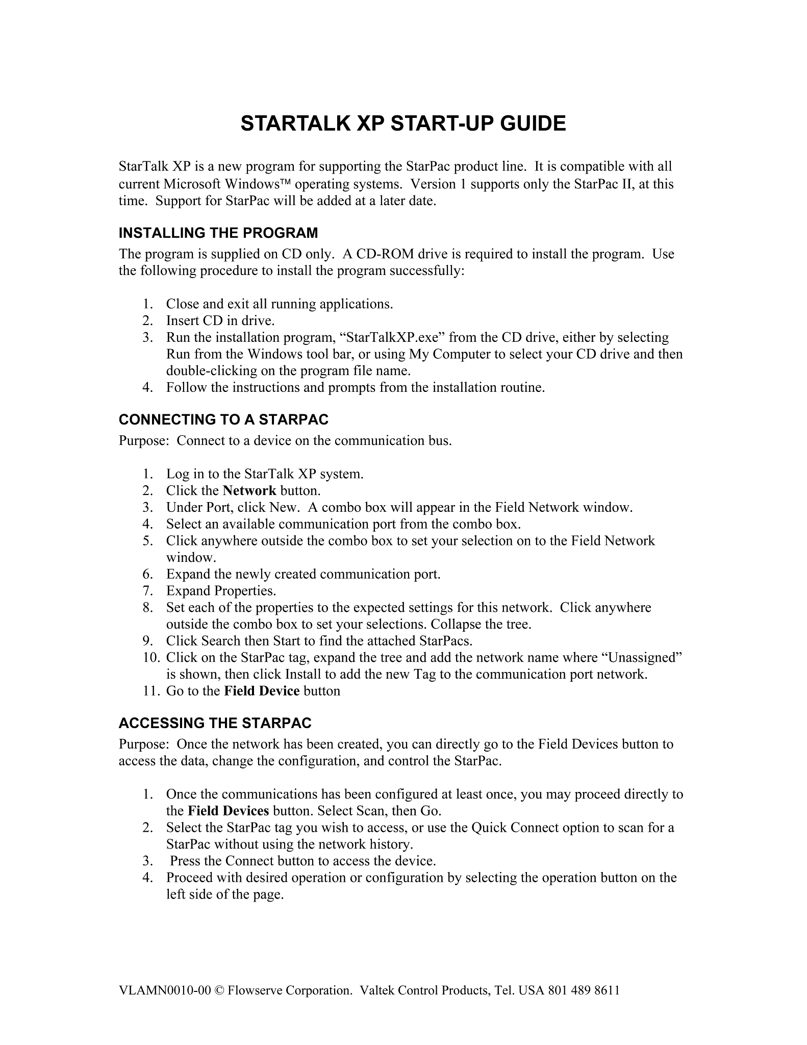 Valtek StarTalk XP参考手册