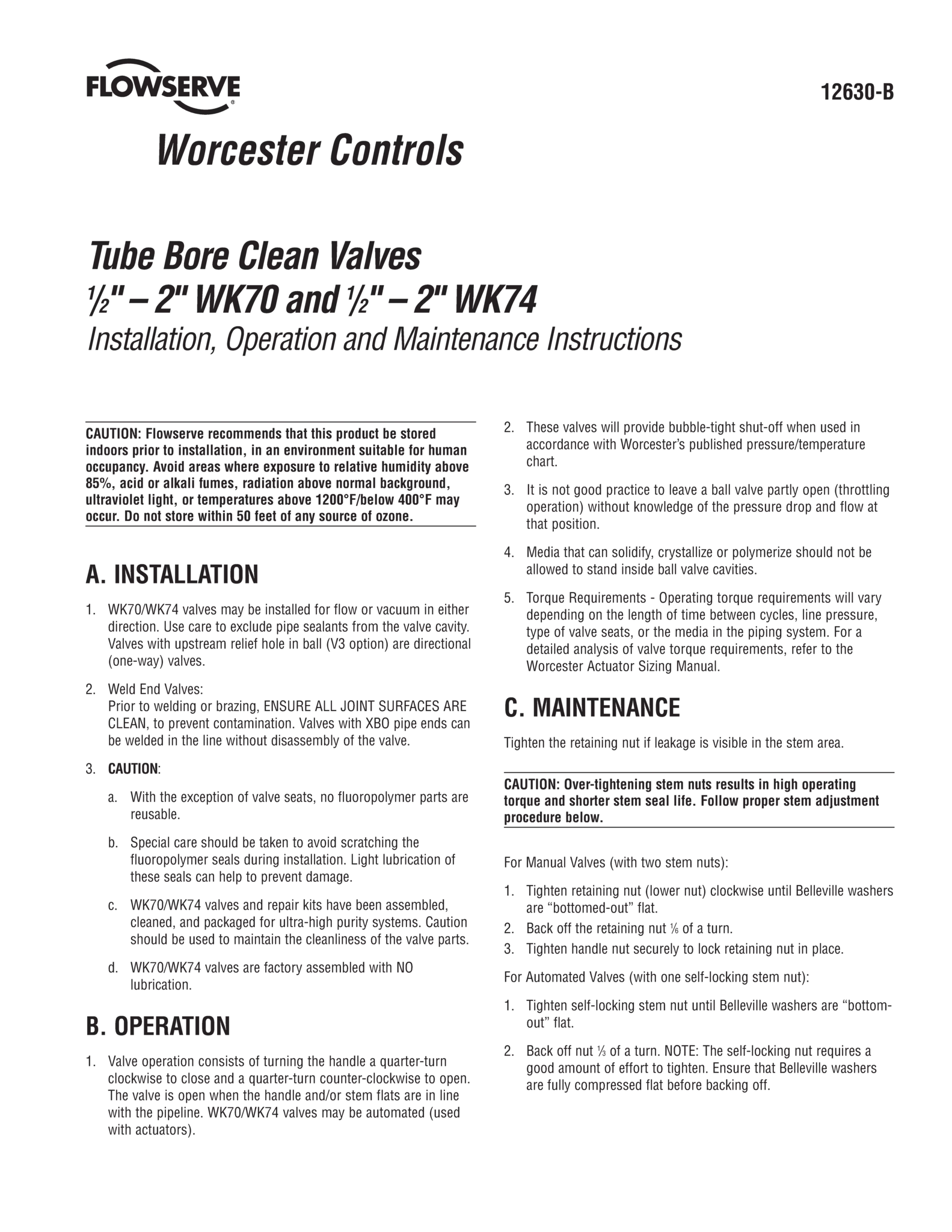 Worcester Controls WK70系列和WK74系列管孔清洁阀使用说明（IOM）