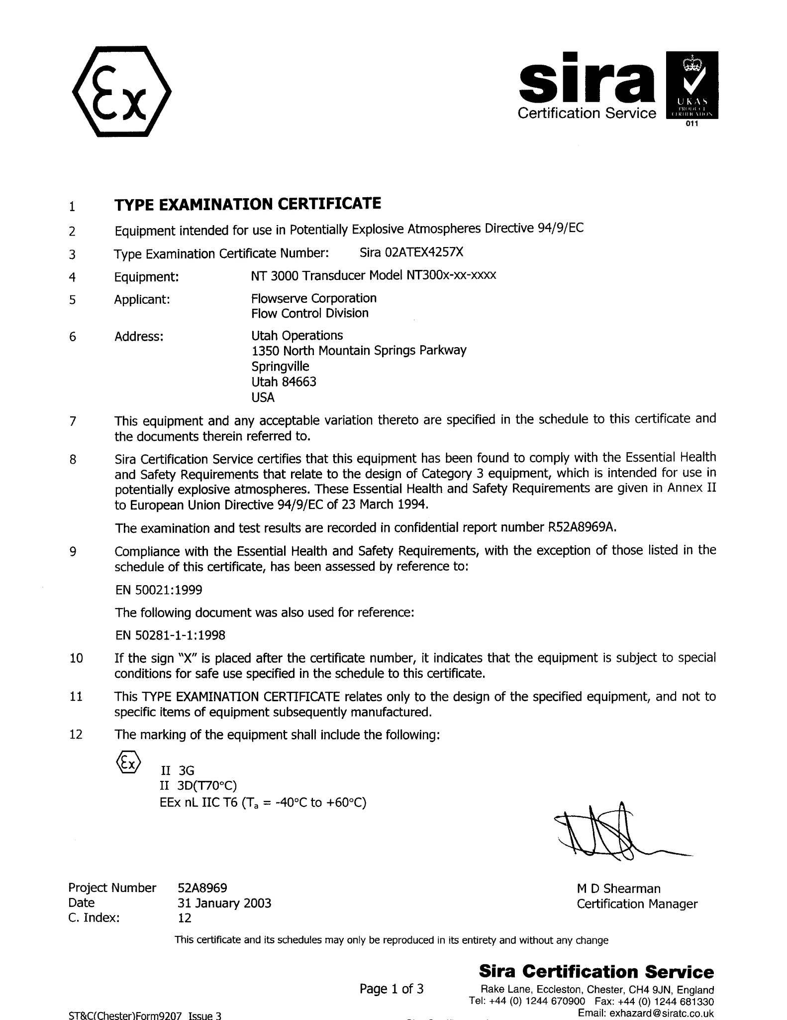 Valtek NT 3000定位器 - ATEX非易燃性证书 