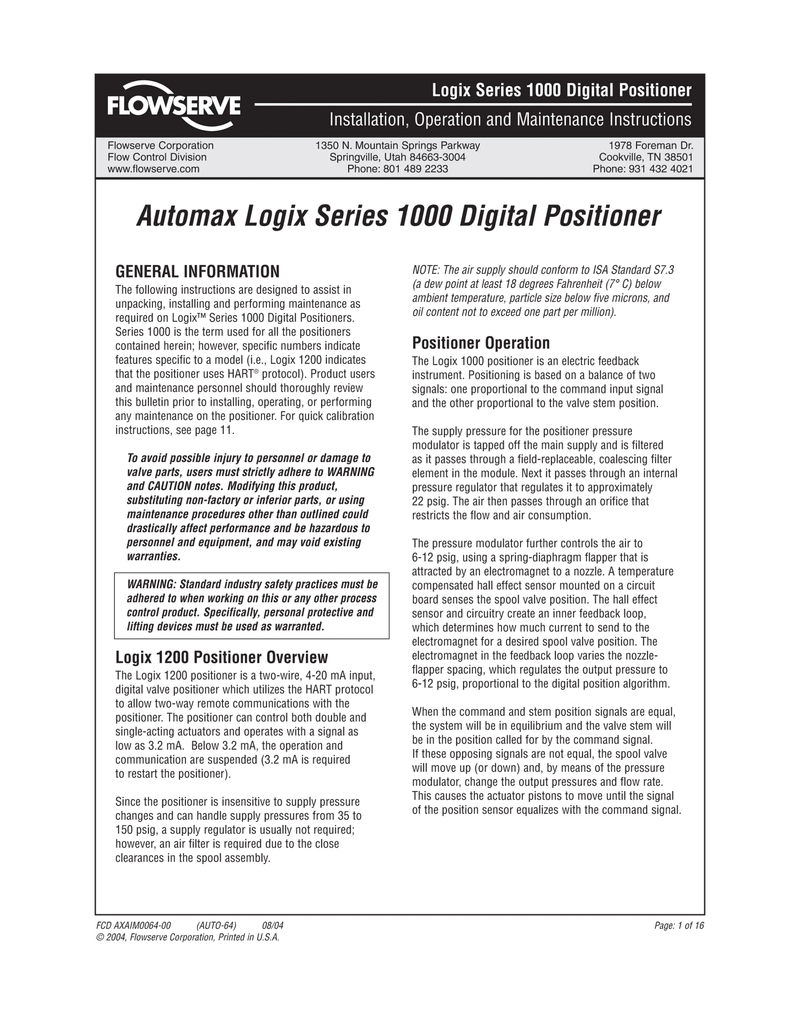 Automax Logix系列 1000数字定位器使用说明（IOM）