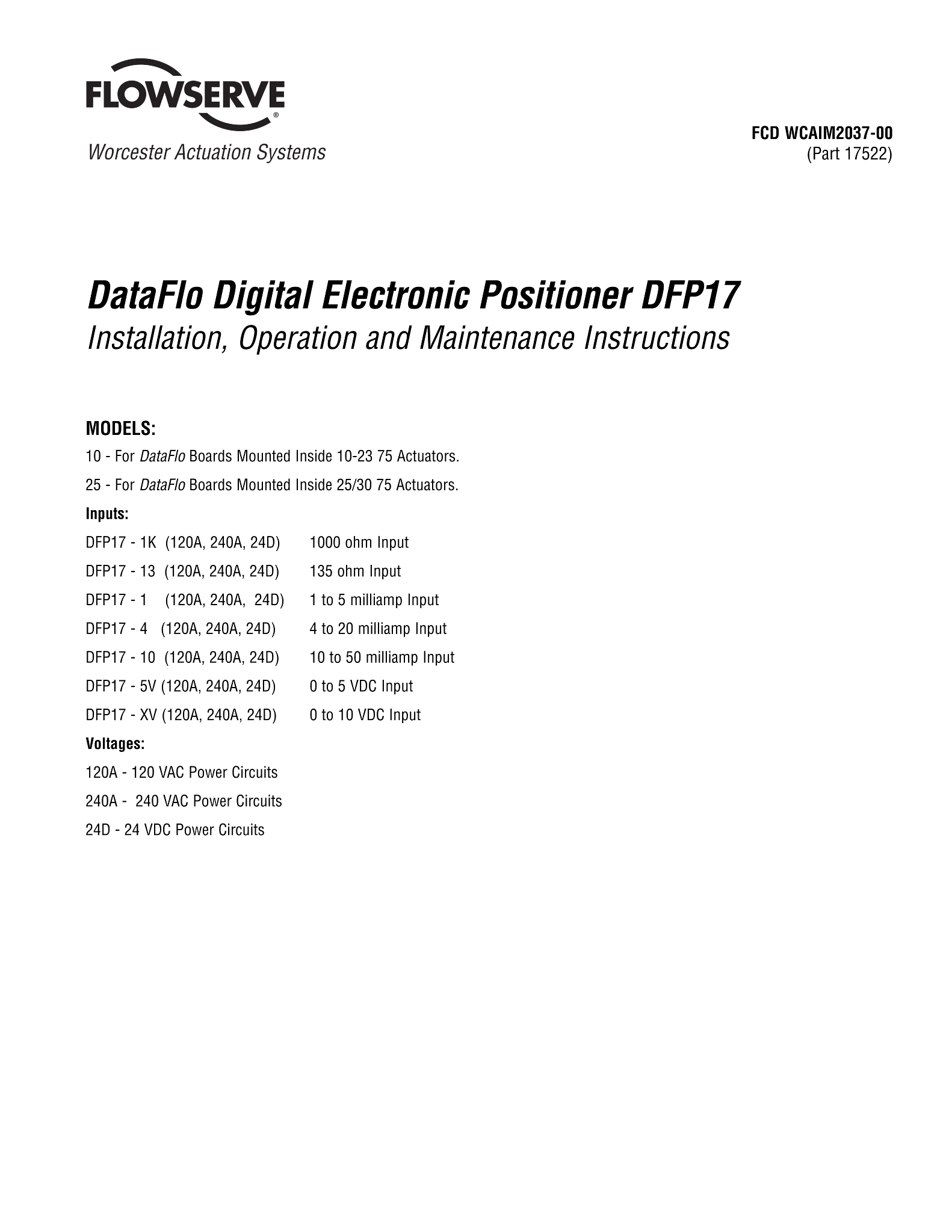 Worcester Controls17系列Dataflo数字电子定位器DFP17使用说明（IOM）