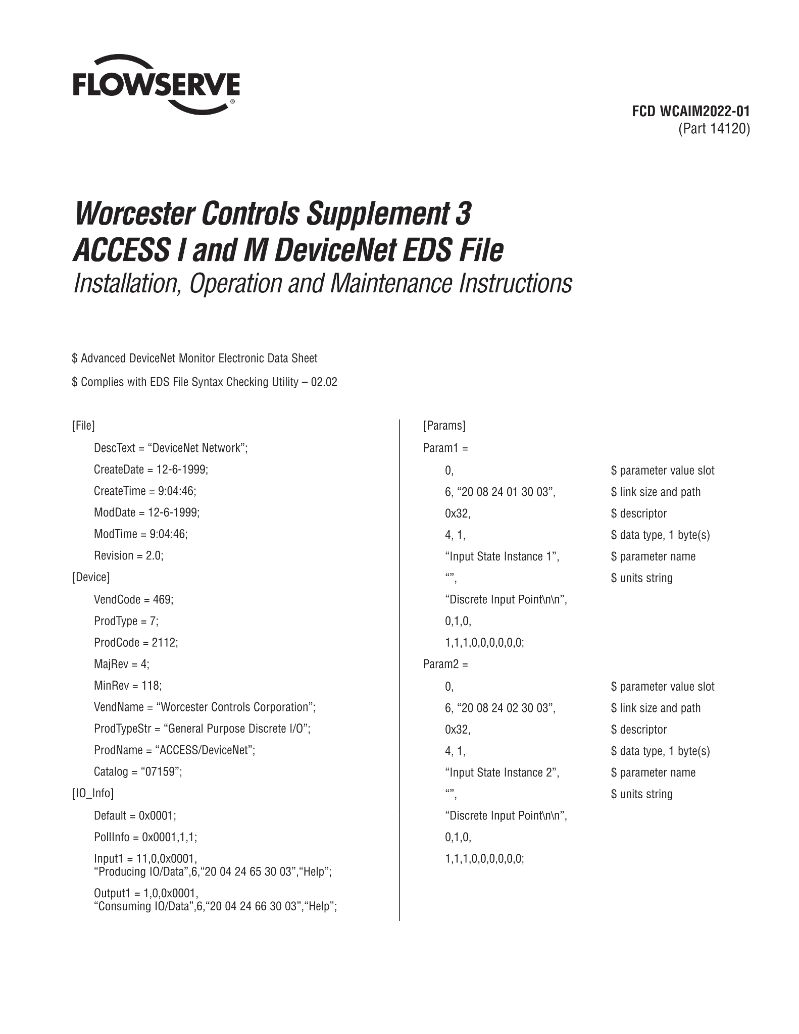 Worcester Controls 附录 3 ACCESS I 和 M DeviceNet EDS 文件使用说明 (IOM)