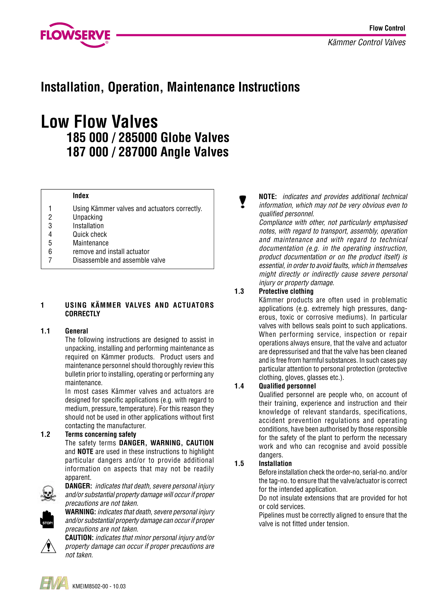 Kämmer实验室低流量截止和角阀门系列使用说明185000/285000（IOM）