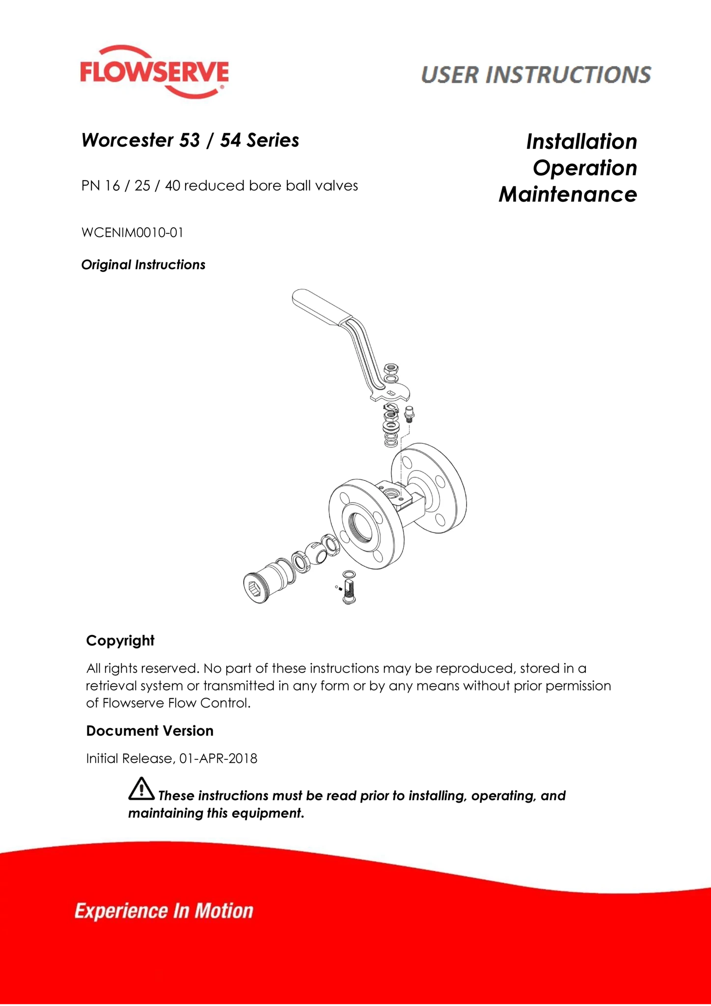 Worcester Controls F53/54系列法兰DIN缩径球阀使用说明书（IOM）（欧洲/亚洲）