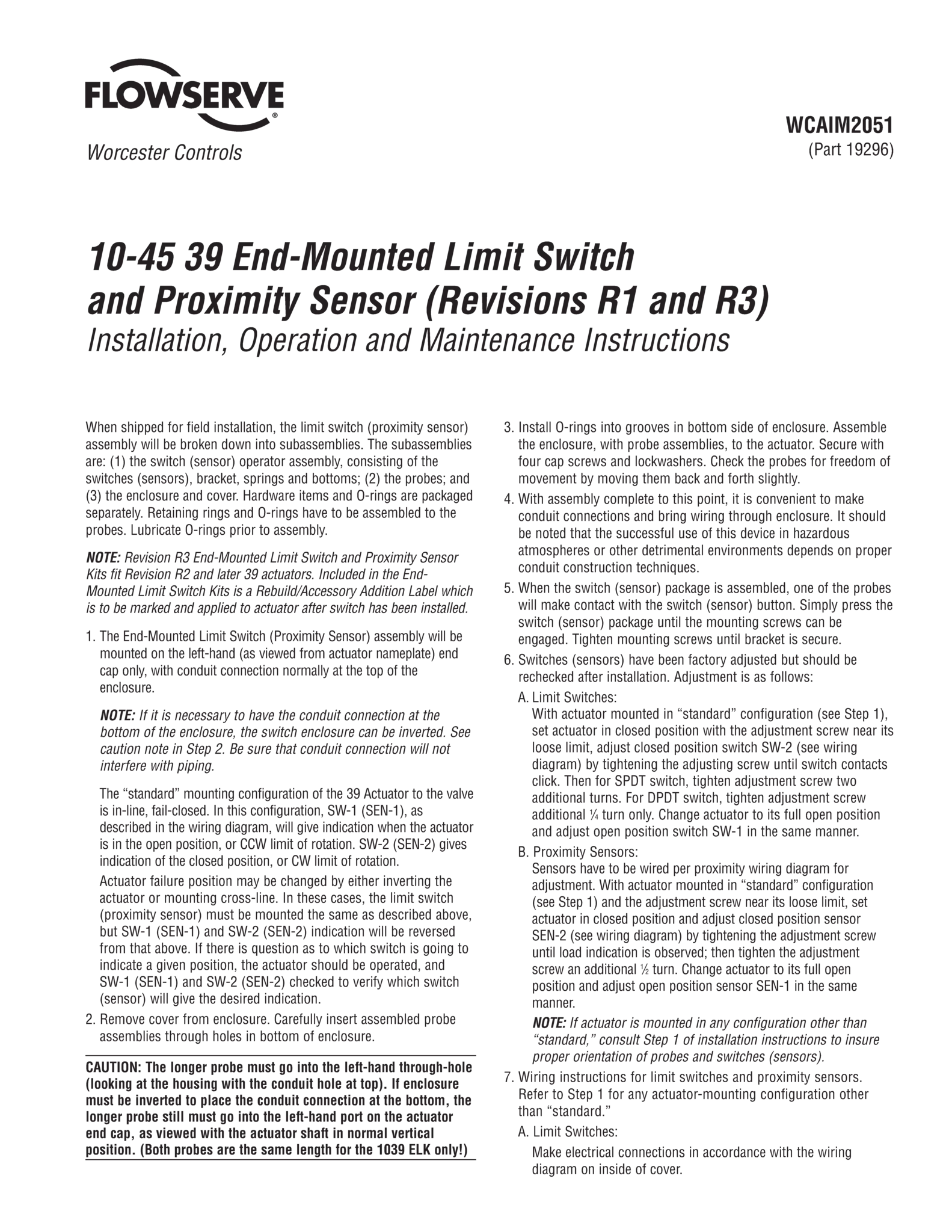 Worcester Controls 10-45 39系列执行器端安装限位开关和接近传感器使用说明（IOM）