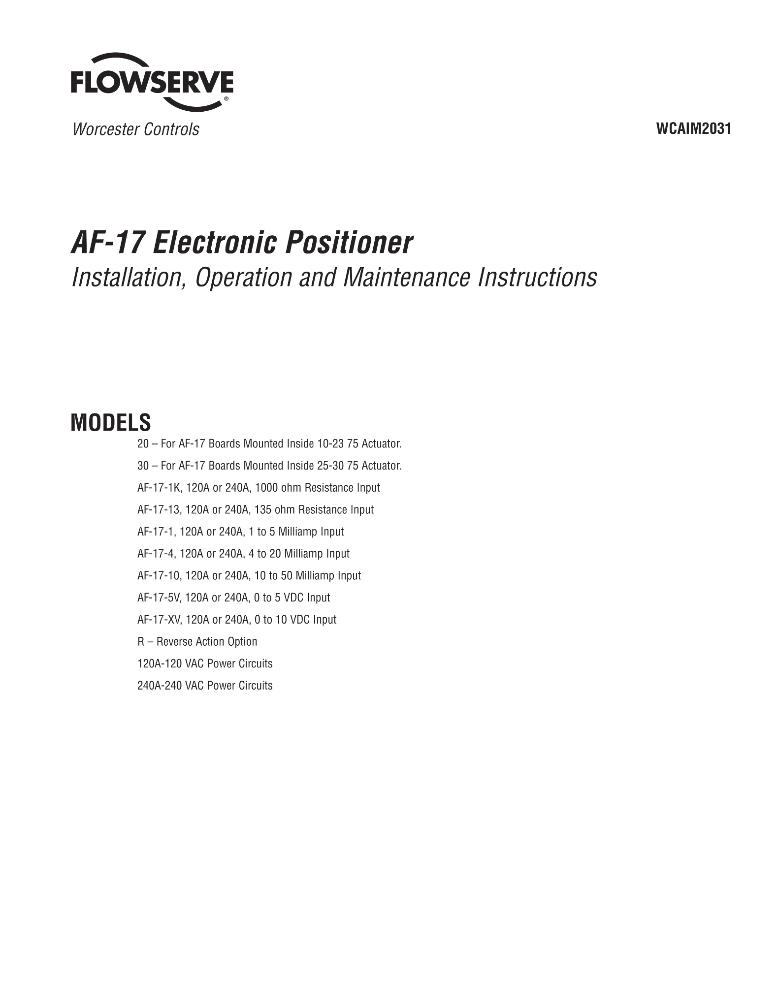 Worcester Controls AF-17电子定位器使用说明（IOM）