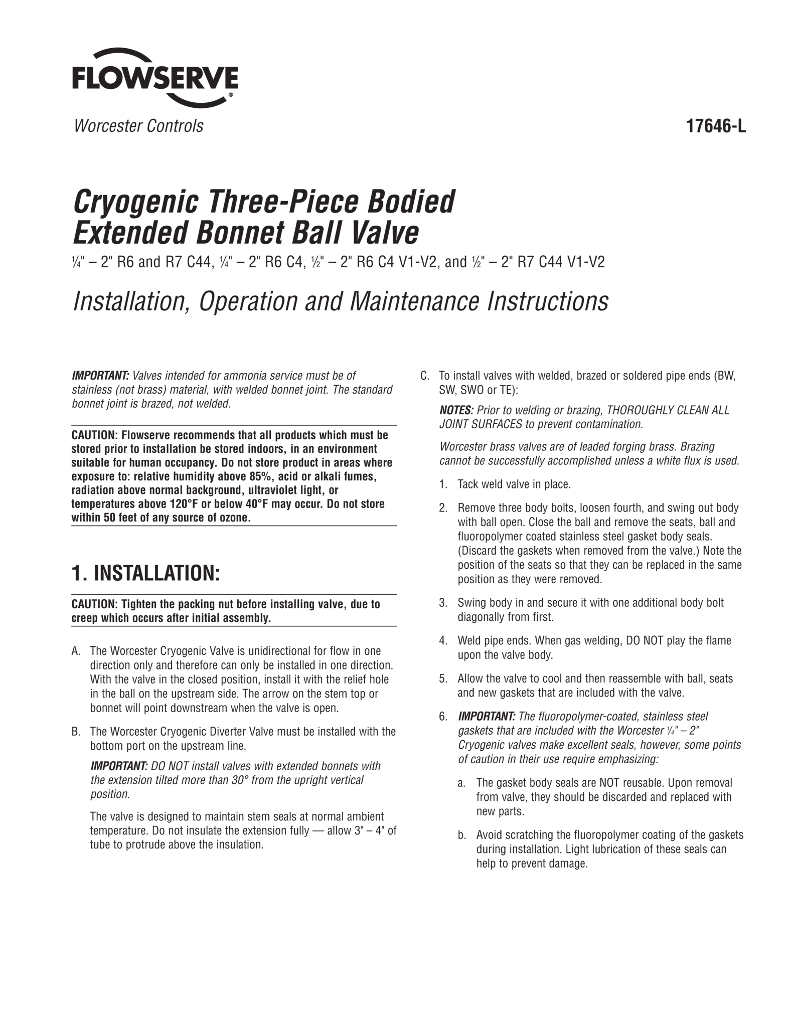 Worcester Controls Cryogenic 3件式加长阀盖球阀使用说明（IOM）（美洲）