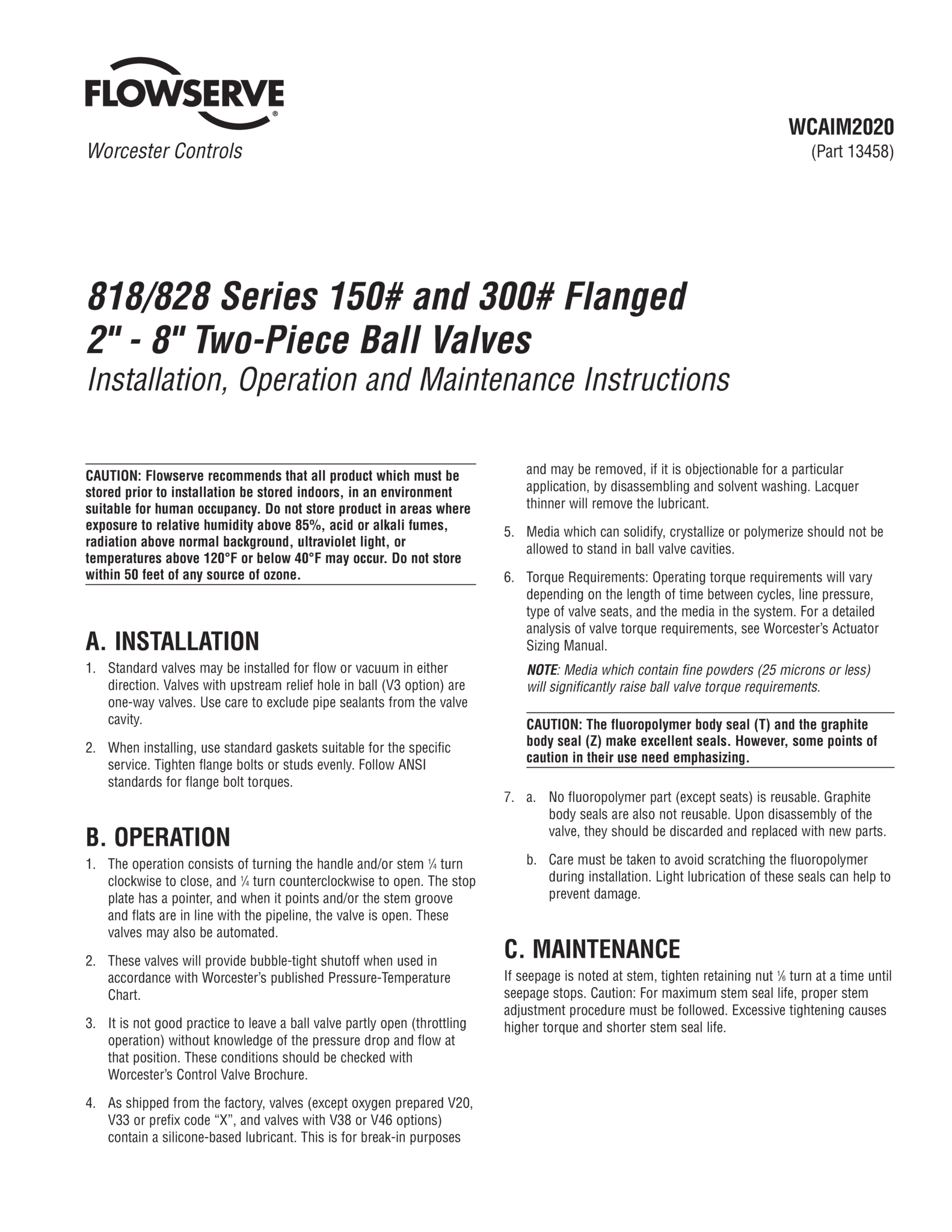 Worcester Controls 818/828系列两件式球阀使用说明（IOM）