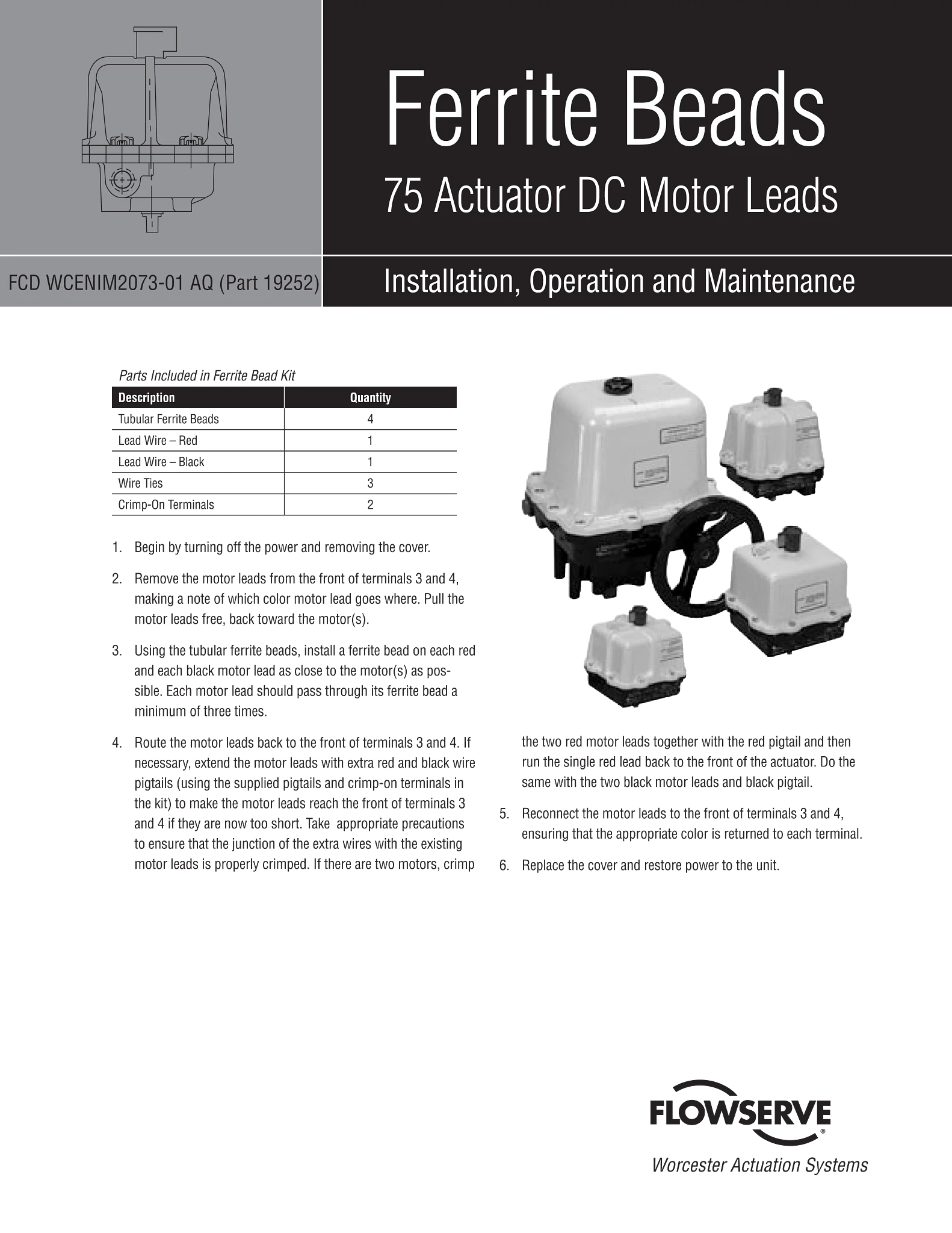 Worcester Controls 铁氧体器件 - 75执行器直流电动机引线使用说明（IOM）
