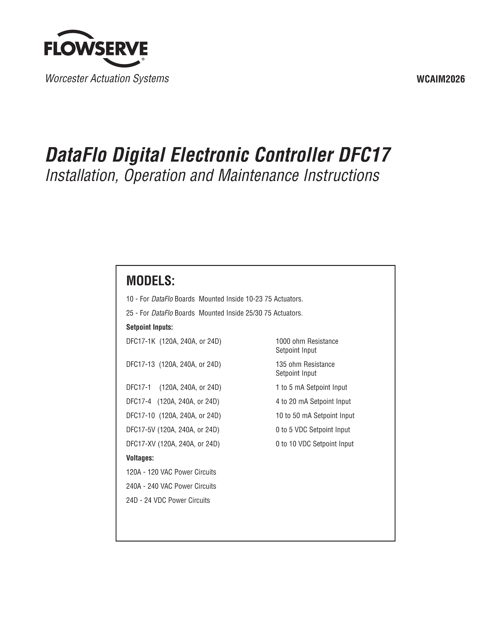 Worcester Controls 17系列Dataflo数字电子控制器DFC17使用说明（IOM）