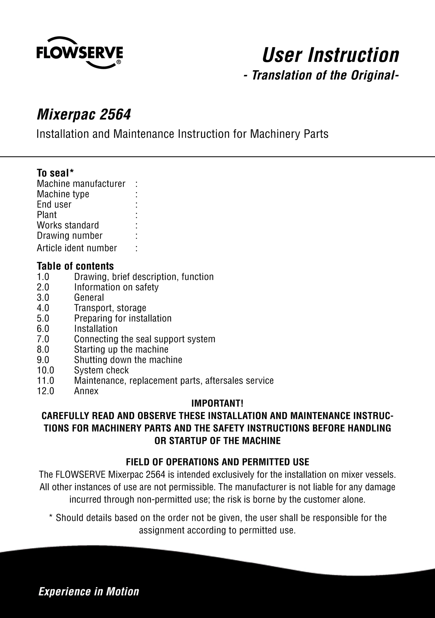 Mixerpac 2564密封 — 使用说明