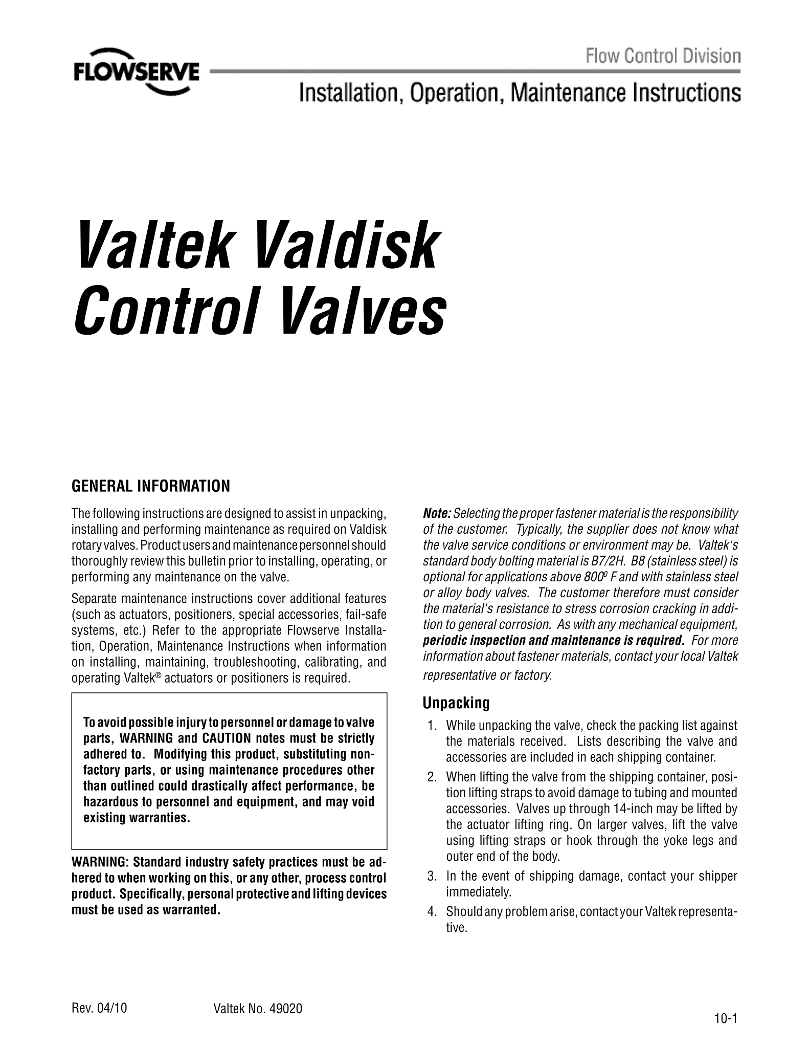 Valtek Valdisk控制阀 - 使用说明（IOM）