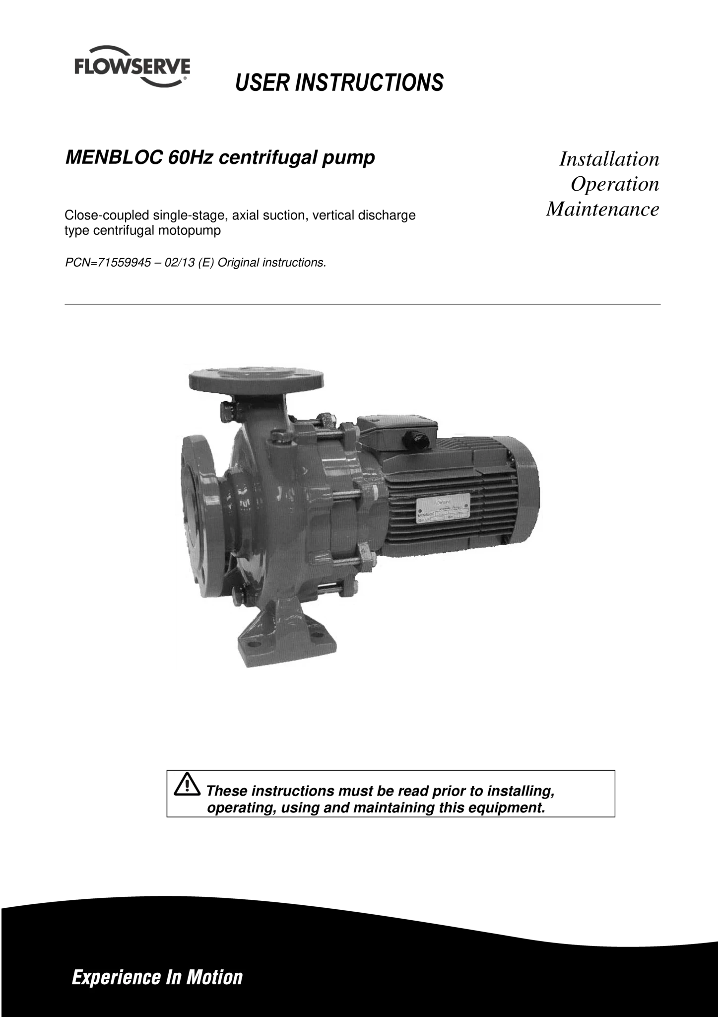 MENBLOC 60Hz离心泵 - 使用说明书