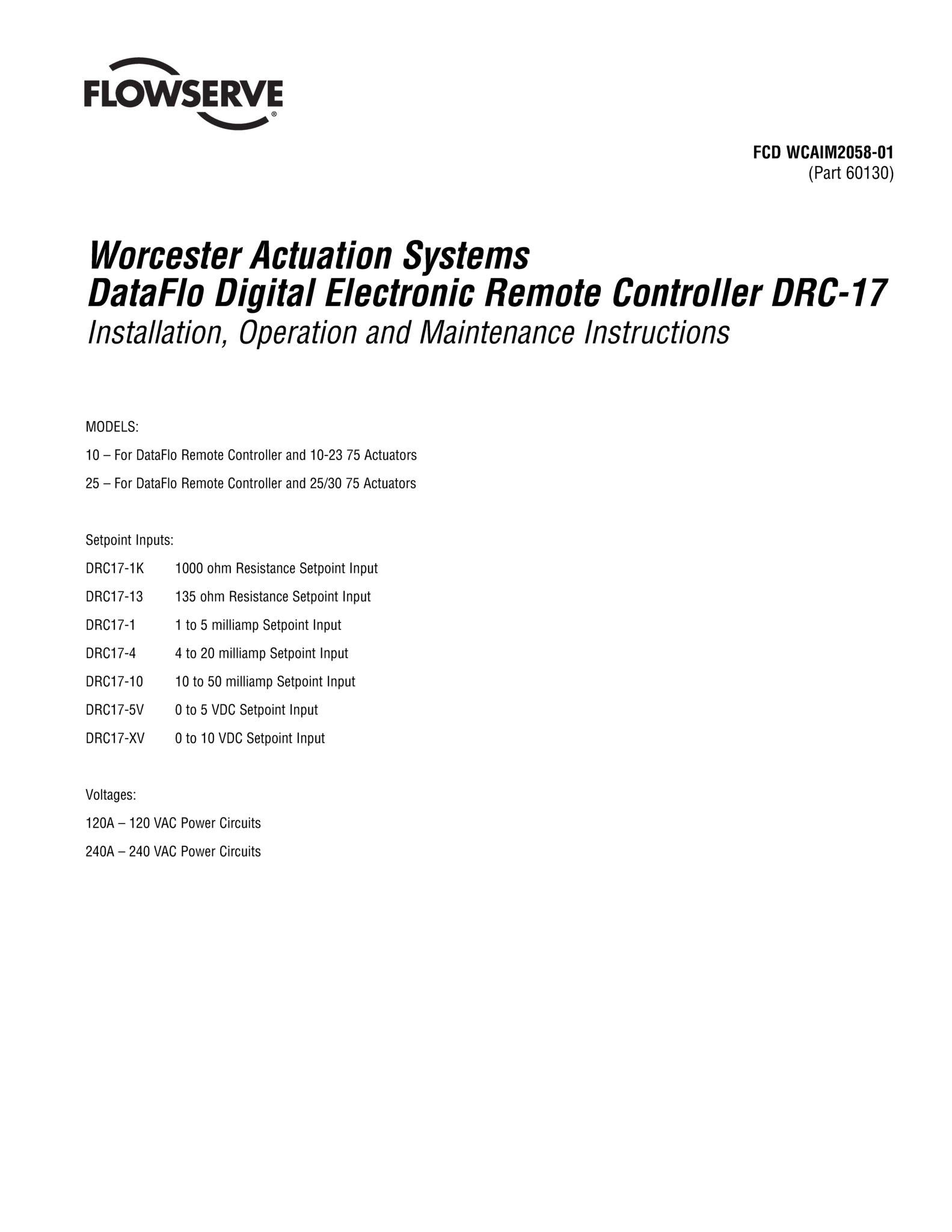 Worcester执行机构系统DataFlo数字电子遥控器DRC-17使用说明（IOM）